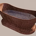 Wooden Bathtub With Natural Wood Grain Brown Exterior And Deep Red Interior Base