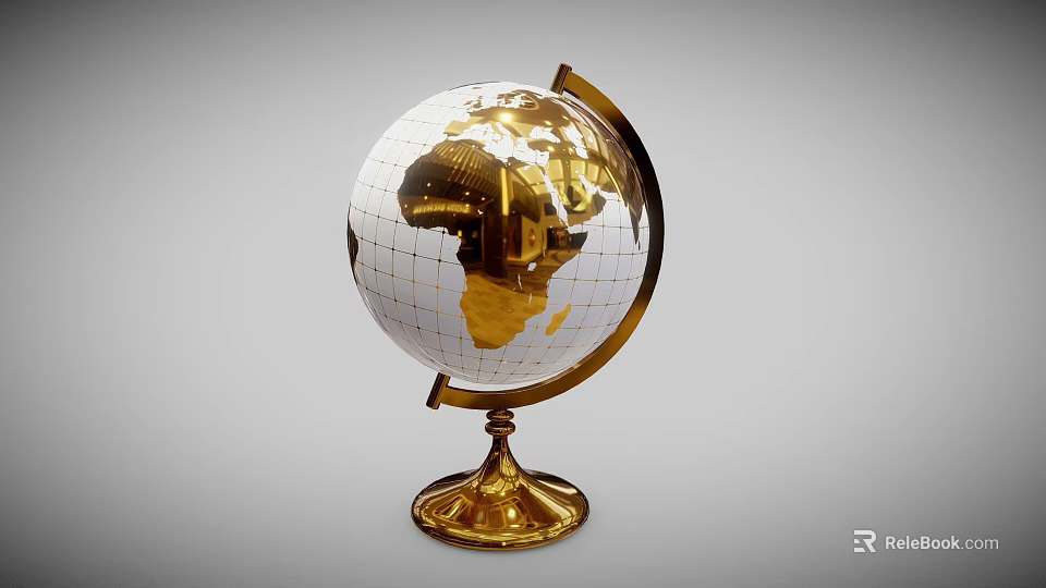 Elegant Gold Globe with Detailed Continents and Shiny Base for Desktop Decor 3d model 