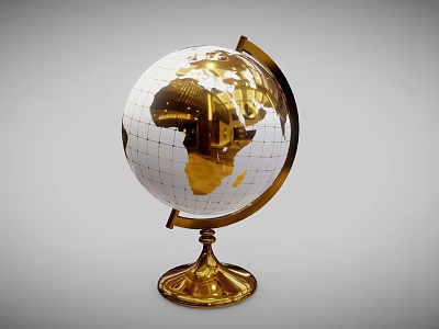 Elegant Gold Globe with Detailed Continents and Shiny Base for Desktop Decor 3d model