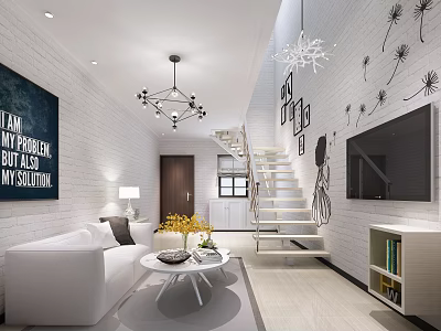 Modern Living Room Interior With White Sofa Geometric Chandelier Staircase And Dandelion Wall Decor 3d model