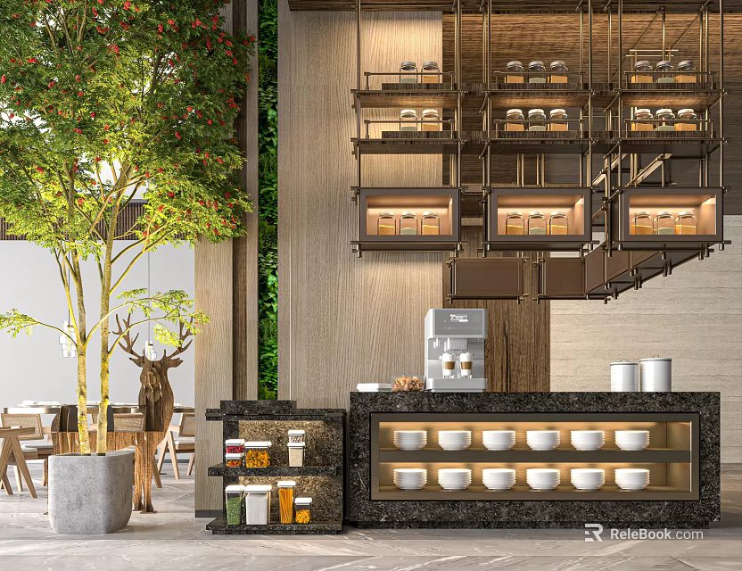 Modern Restaurant Interior With Indoor Tree Open Shelves And Marble Counter Dining Area 3d model 