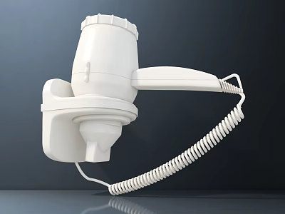 White Wall Mounted Hair Dryer With Coiled Cord For Household Electrical Use 3d model