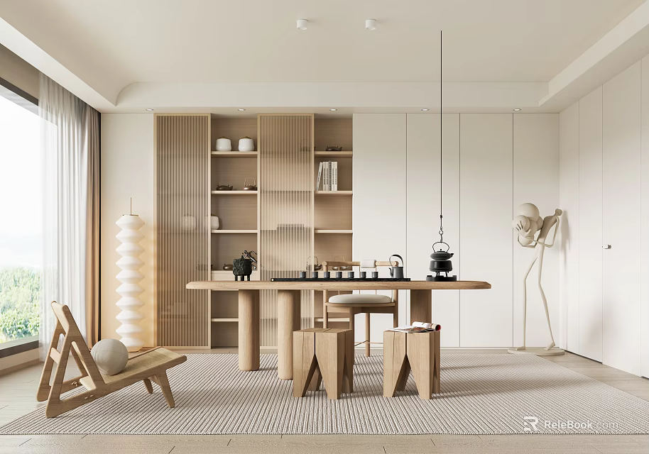 Tea Room Interior With Wooden Table Stools Shelves Tea Cups And Natural Light 3d model 