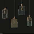 Stylish Pendant Lights With Textured Glass Shades In Beige And Green Lit Against Dark Wall