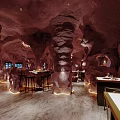 Cave Style Restaurant Interior With Rock Walls Ceiling Windows And Tables Chairs 3d model
