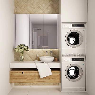 Modern Bathroom Washbasin with Wooden Cabinet Mirror Tile Backsplash and Stacked Washing Machines 3d model