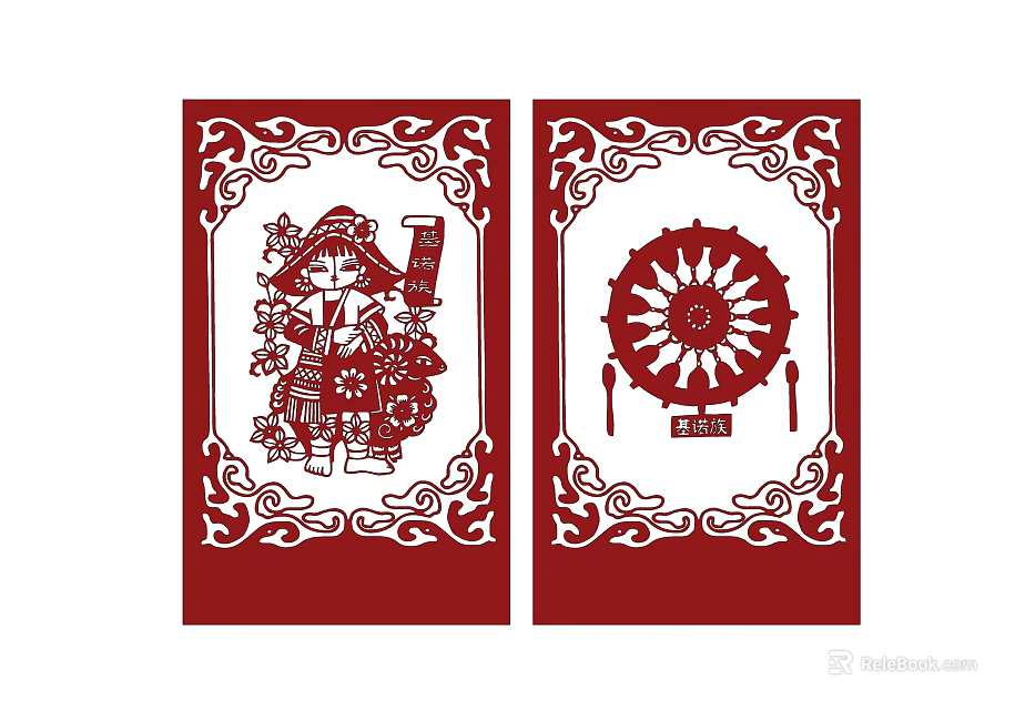 Traditional Red Wall Decor with Paper Cutting Figure and Circular Design Borders 3d model 