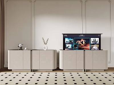 Modern Cream Colored TV Stand With Flat Screen TV And Decorative Ornaments 3d model