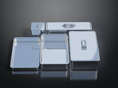 Sleek Stainless Steel Trays With Various Sizes Shapes And Smooth Reflective Surface On Black Background 3d model