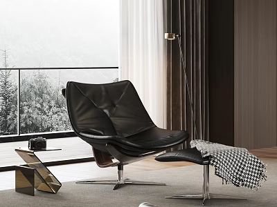 Black Leather Lounge Chair by Floor-to-Ceiling Window with Natural View and Plaid Blanket on Ottoman 3d model