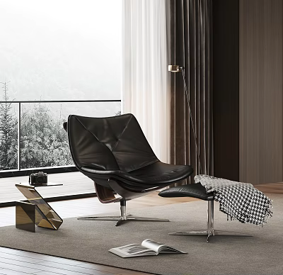 Black Leather Lounge Chair by Floor-to-Ceiling Window with Natural View and Plaid Blanket on Ottoman 3d model