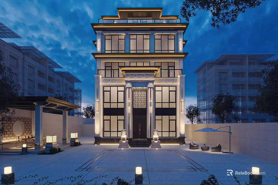 Modern Detached Villa Exterior Design With Courtyard Lighting And Large Windows 3d model 
