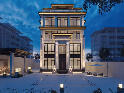 Modern Detached Villa Exterior Design With Courtyard Lighting And Large Windows 3d model