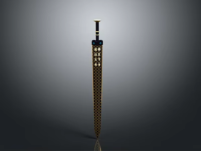 Ornate Golden Sword Featuring Black Checkered Design And Blue Gemstone Hilt 3d model