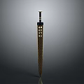 Ornate Golden Sword Featuring Black Checkered Design And Blue Gemstone Hilt