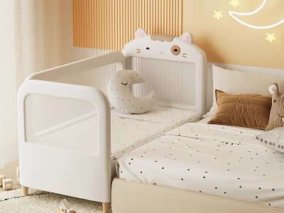 White Kids Bed With Cat Shaped Headboard Moon Plush Polka Dot Sheets Star Moon Decor 3d model