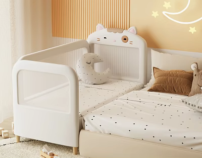 White Kids Bed With Cat Shaped Headboard Moon Plush Polka Dot Sheets Star Moon Decor 3d model