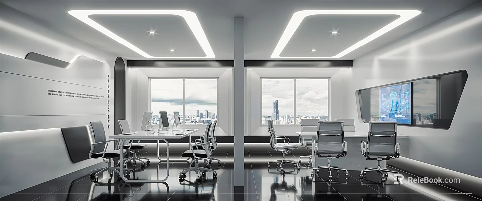 Modern Office Interior Design With Bright Lighting Large Windows City View And Ergonomic Chairs 3d model 