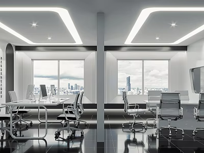 Modern Office Interior Design With Bright Lighting Large Windows City View And Ergonomic Chairs 3d model