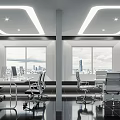 Modern Office Interior Design With Bright Lighting Large Windows City View And Ergonomic Chairs