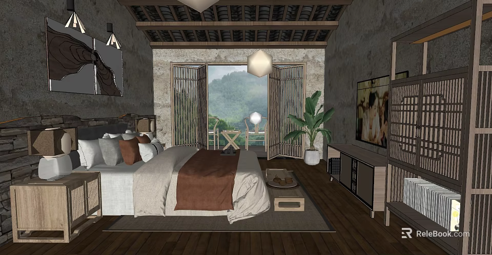 Hotel Guest Room Featuring Stone Walls Wooden Floors Mountain View Pendant Lamp And Potted Plant 3d model 