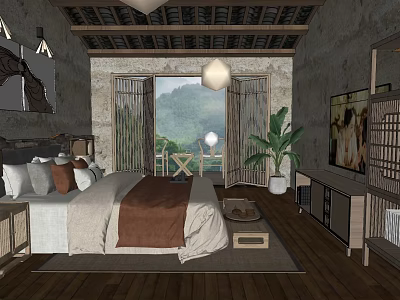 Hotel Guest Room Featuring Stone Walls Wooden Floors Mountain View Pendant Lamp And Potted Plant 3d model