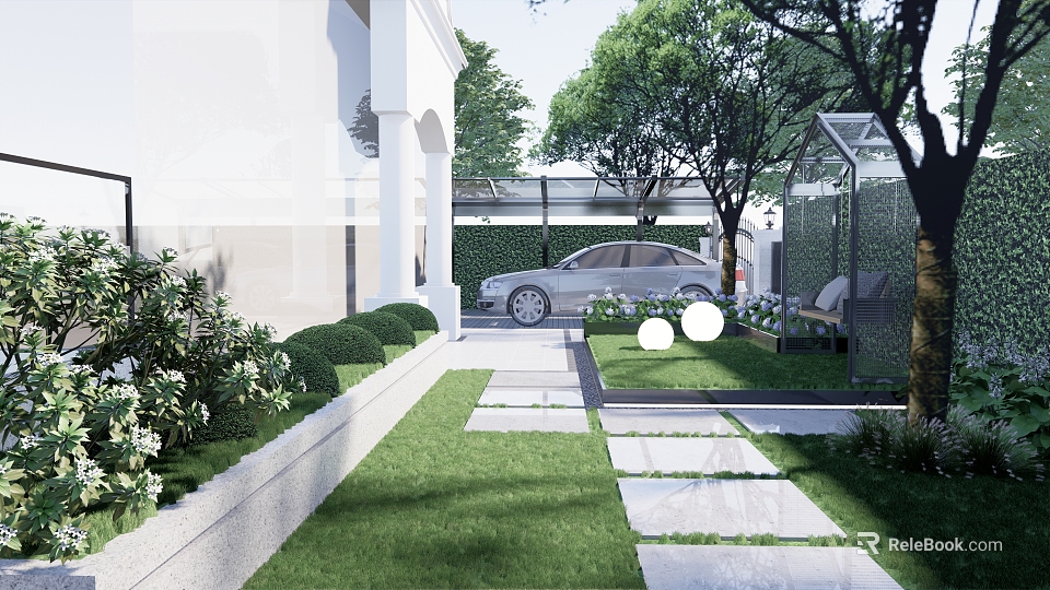 Elegant Garden Courtyard With Green Lawn Stone Pathway Trimmed Shrubs Round Lights And Glass Gazebo 3d model 