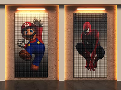 Wall Decor Featuring Mario and Spiderman Mosaic Grid Design on Textured Wall with Warm Lighting 3d model