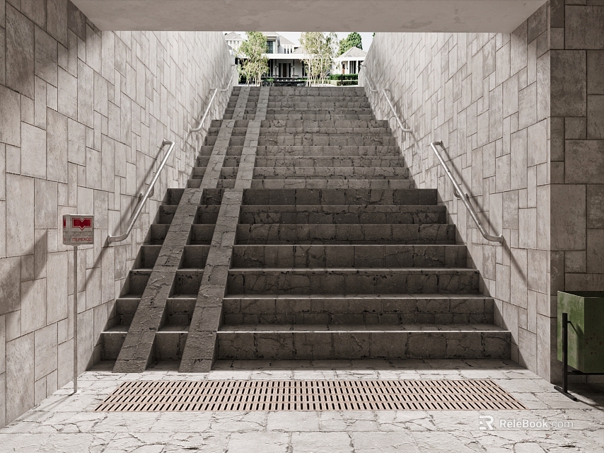 Urban Building Entrance Staircase with Stone Walls Metal Handrails and Concrete Grate 3d model 