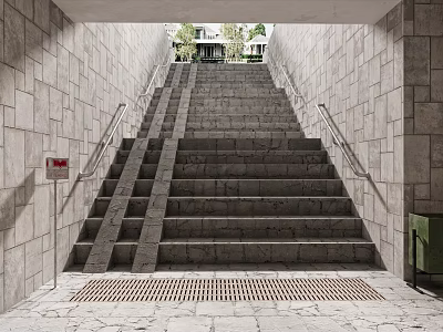Urban Building Entrance Staircase with Stone Walls Metal Handrails and Concrete Grate 3d model