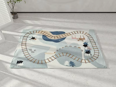 Square Carpet With Train Tracks Trees And Small Animals For Kids Play Area 3d model