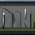 Modern Outdoor Lights With Diverse Designs Displayed On Grass Near Gray Wall