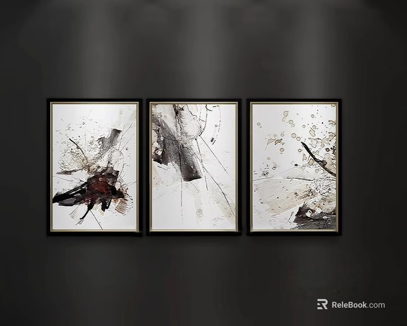 Three Abstract Paintings With Black White Brown Splatter Textures On Dark Wall 3d model