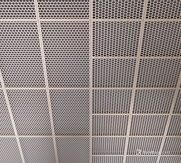 Modern Perforated Grid Ceiling Design Featuring Square Metal Panels And White Frames 3d model 