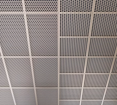 Modern Perforated Grid Ceiling Design Featuring Square Metal Panels And White Frames 3d model