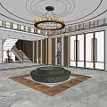 Modern Lobby Interior Design With Chandelier Sofa Display Cabinets And Marble Floor 3d model