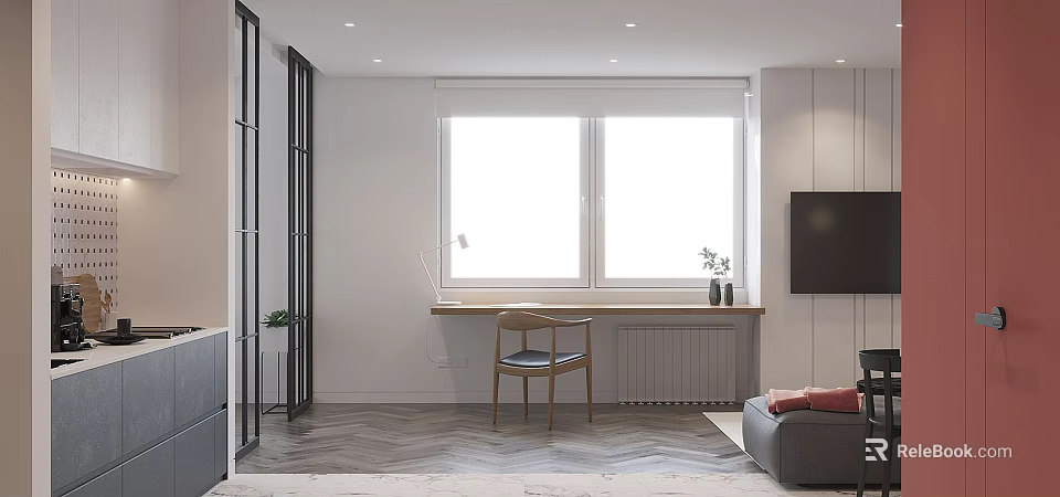 Bright Modern Apartment Interior With Herringbone Floor Window Desk Chair TV And Sofa 3d model 