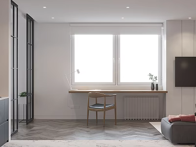 Bright Modern Apartment Interior With Herringbone Floor Window Desk Chair TV And Sofa 3d model