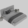 Modern Double Bed With Upholstered Headboard Striped Bedding Pillows And Nightstand