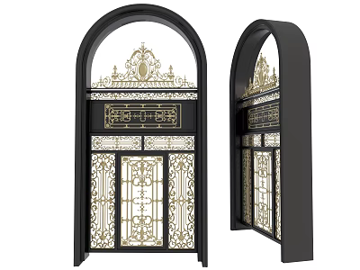 Ornate Black Gates with Intricate Golden Patterns and Arched Top Design 3d model