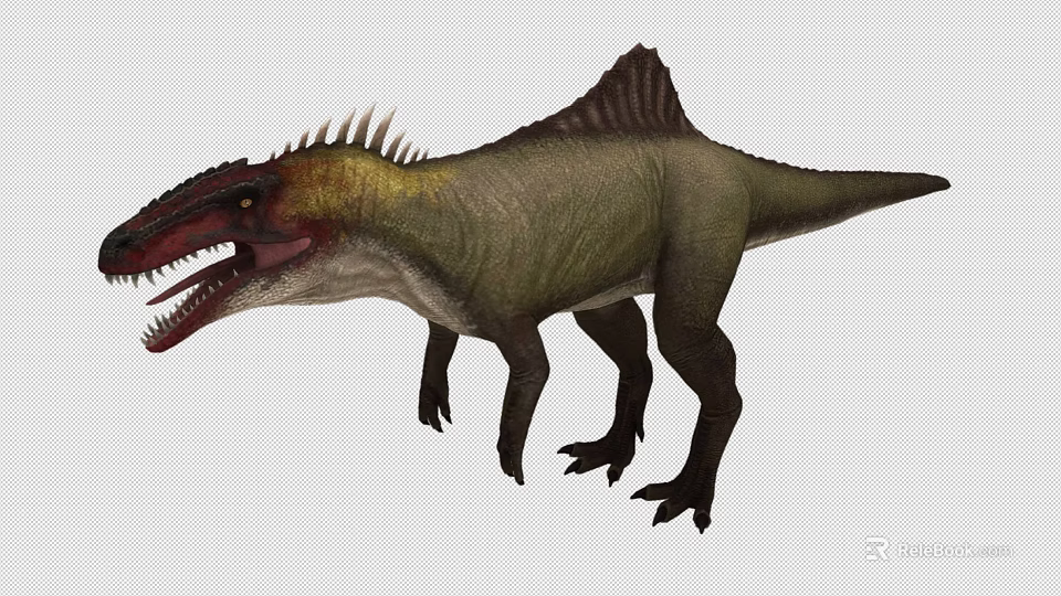 Prehistoric Reptile With Sail Like Back Green Red Body And Sharp Teeth 3d model 