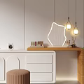 Modern Dressing Table With White Drawers Wooden Countertop Illuminated Mirror And Hanging Pendant Lights