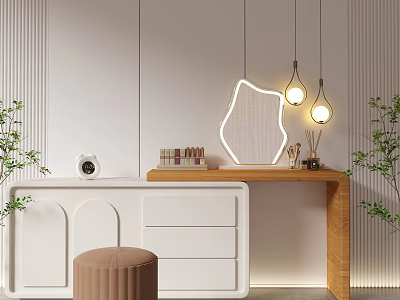 Modern Dressing Table With White Drawers Wooden Countertop Illuminated Mirror And Hanging Pendant Lights 3d model