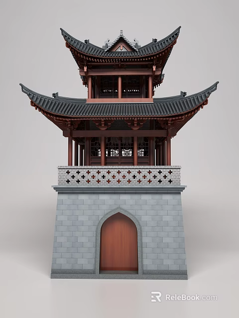 Ancient Chinese Architecture Featuring Overhanging Eaves Wooden Frame Carved Balustrade And Stone Base 3d model 