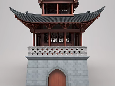 Ancient Chinese Architecture Featuring Overhanging Eaves Wooden Frame Carved Balustrade And Stone Base 3d model