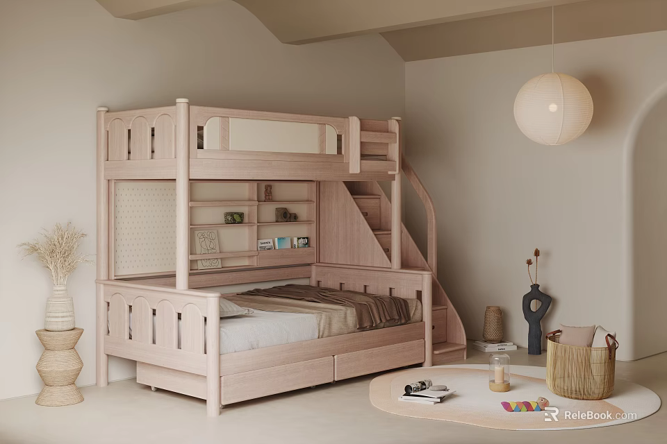 Kids Room Interior With Wooden Bunk Bed Staircase Small Table Pendant Light And Decor 3d model 