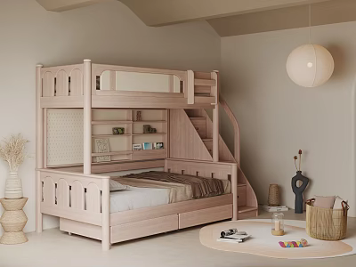 Kids Room Interior With Wooden Bunk Bed Staircase Small Table Pendant Light And Decor 3d model