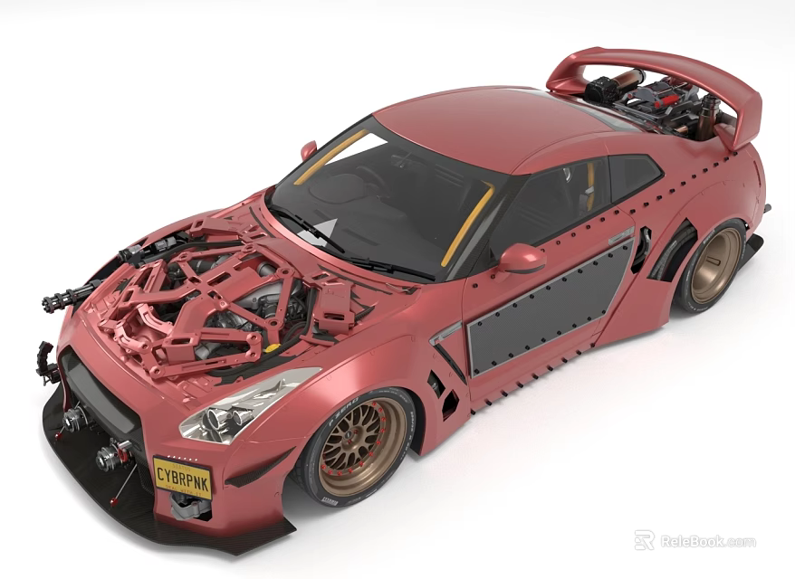 Modified Red Sports Car With Exposed Engine And Wide Body 3d model 
