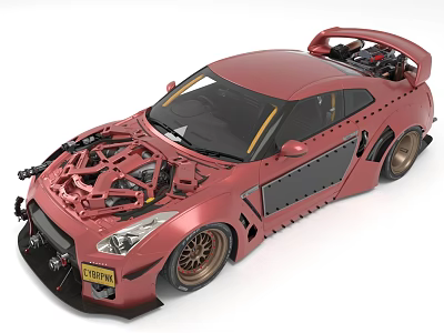 Modified Red Sports Car With Exposed Engine And Wide Body 3d model
