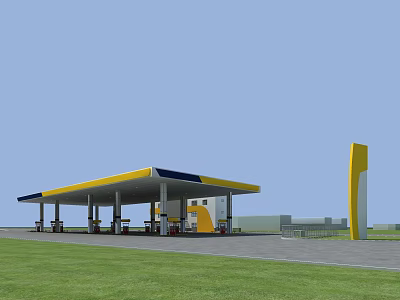 Modern Gas Station Exterior With Yellow And Blue Canopy Fuel Pumps Green Grass And Signpost 3d model